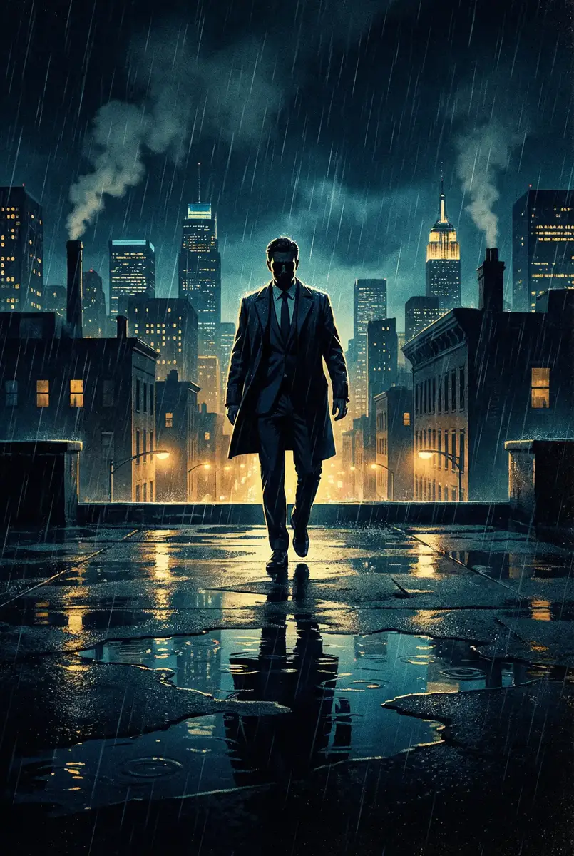 草莓视频免费观看 出品影片《雨夜独行者》海报，雨中城市屋顶男性剪影